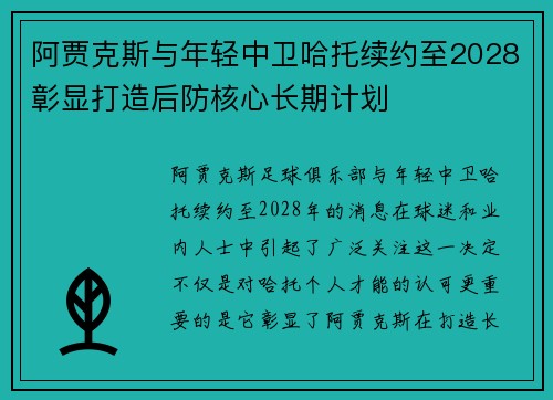 阿贾克斯与年轻中卫哈托续约至2028彰显打造后防核心长期计划